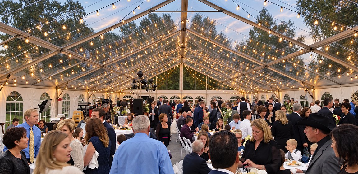 Guests gathered under a clear-top tent lit with string lights at an evening holiday party